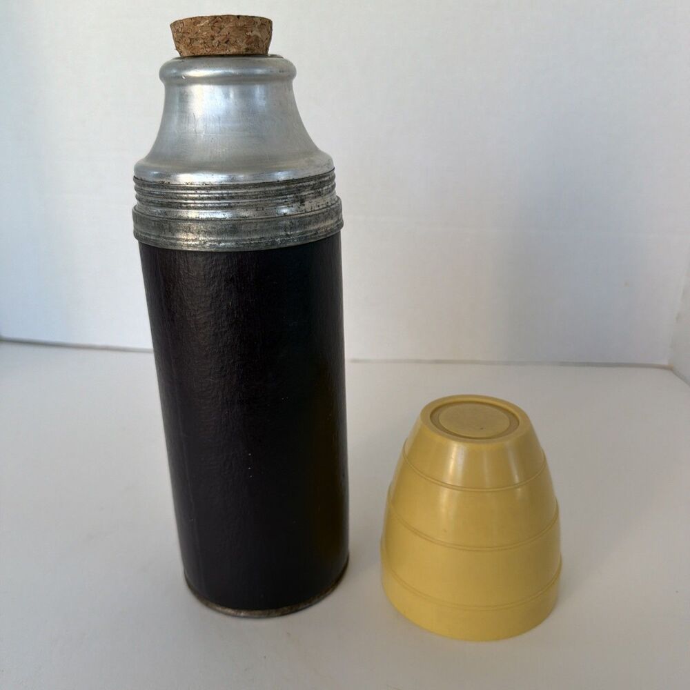 Vintage Landers Frary Clark Vacuum Bottle Cork Top Brown Yellow Glass Liner OLD
